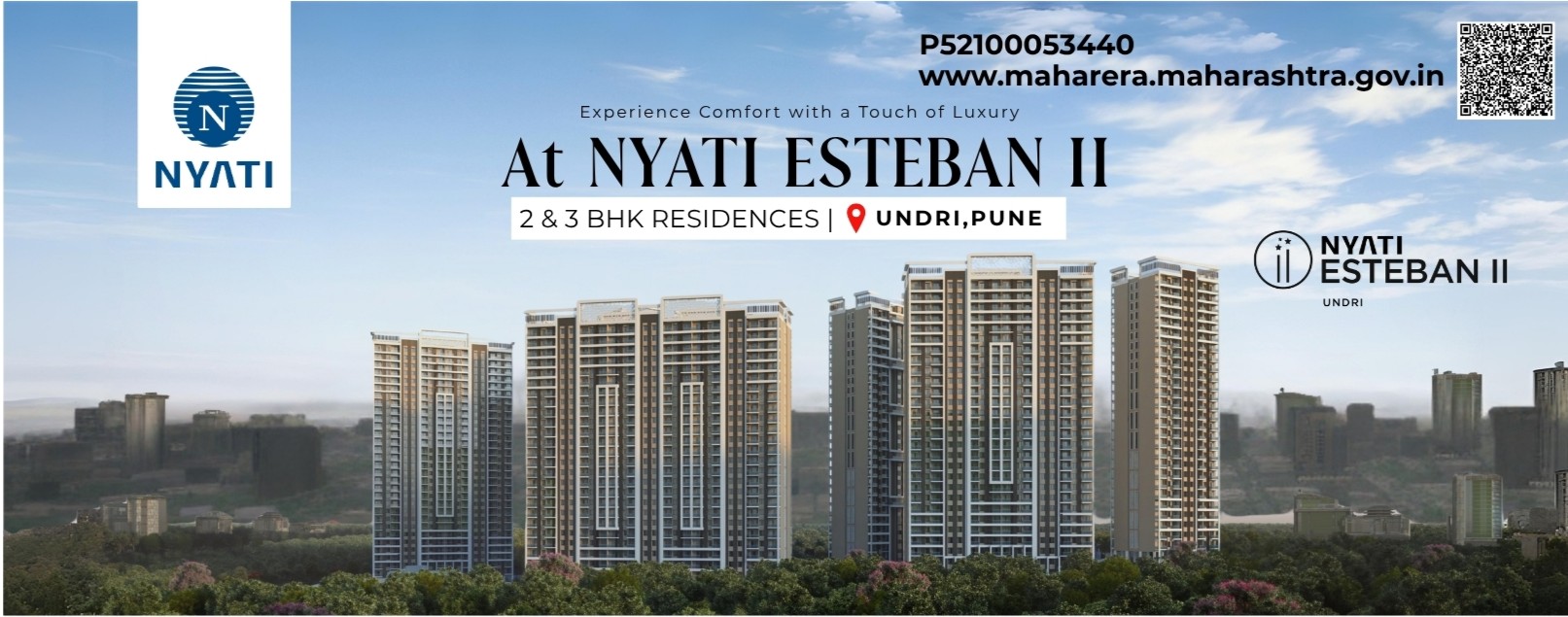 Architectural 3D render of Nyati Esteban-II high-rise towers in Undri Pune with luxury balconies and landscaped entry gates